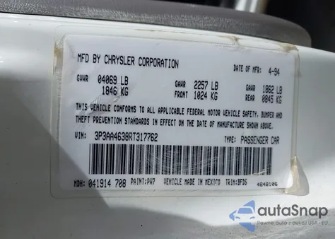 1994 Plymouth Acclaim z USA, uszkodzony, nr VIN 3P3AA4638RT317762